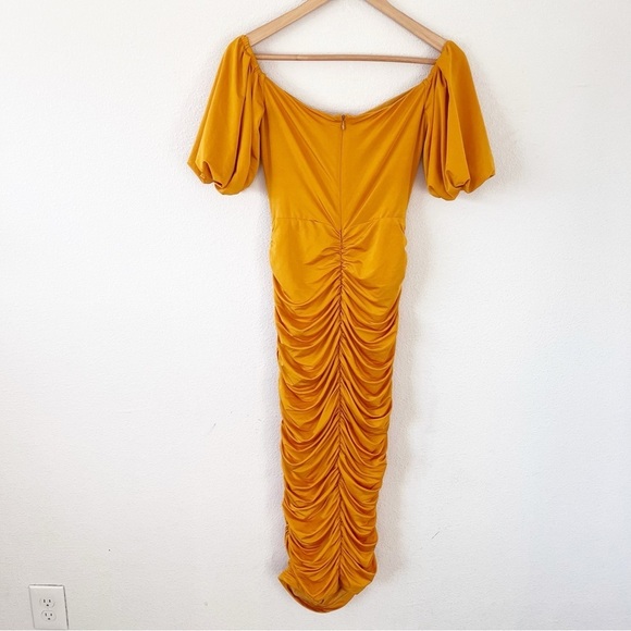 Elle Zeitoune Naira Ruched Off Shoulder Formal in Marigold Gold Midi Dress - Picture 8 of 10